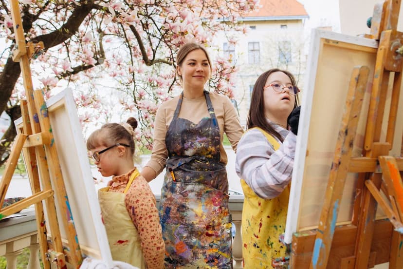 An art therapist doing therapy with two children who are painting on canvases